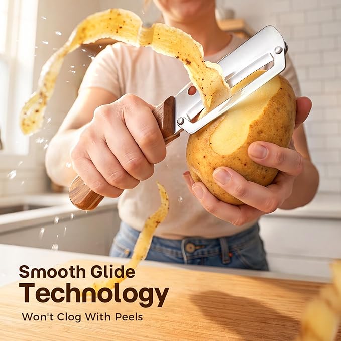 3-Pack Multi-Functional Vegetable Peeler for Kitchen, Ultra Sharp Stainless Steel Fruit & Potato Peelers with Ergonomic Wood Handle for Apple, Carrot, Cucumber, Pumpkin & Everyday Cooking