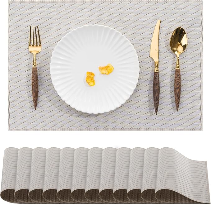 BACKTOEDEN Placemats Set of 12 Heat Resistant Washable Wipeable Placemat Woven Non-Slip Foldable Vinyl/Plastic Place Mats Indoor/Outdoor Mat Kitchen Dining Table Pad, Light Gray Twill