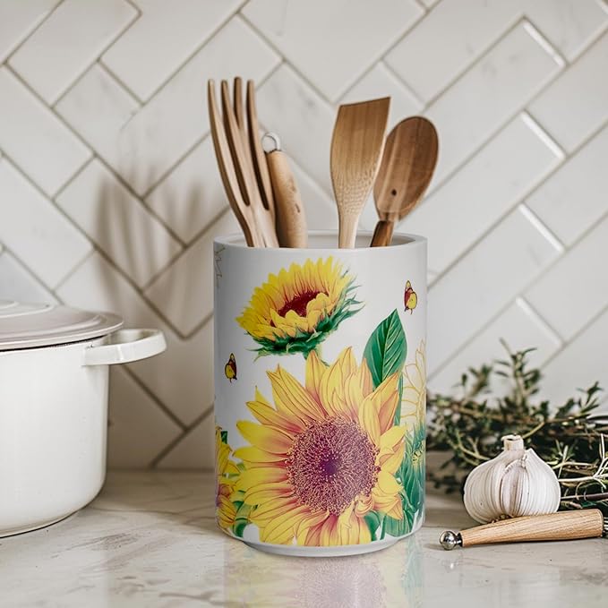 Sunddo Sunflower Utensil Holder, 6.7" Large Utensil Crock, Ceramic Cooking Utensil Holder for Kitchen Counter, Utensil Organizer for Kitchen Decor