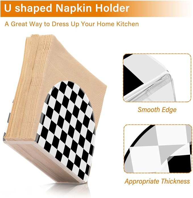 Napkin Holder Acrylic Napkin Holder for Table Kitchen Party Restaurant U Shaped Upright Napkin Dispenser Organizer Checkered Black and White