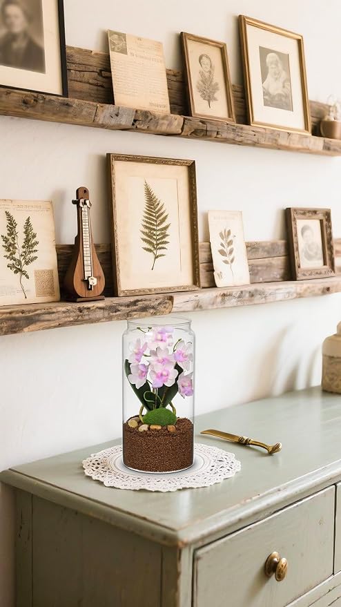 Pink Orchids Artificial Flowers with Vase, Small Faux Orchid Arrangement Fake Orchids Plant in Terrarium Jar Small Pink Orchid Centerpieces for Kitchen Dining Room Tables Bathroom Nightstand Decor