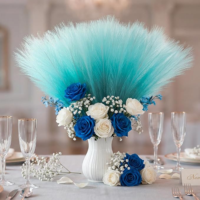 TORONTOKYO Light Blue Pampas Grass Decor, 50Pcs 21.6 inch Artificial Short Faux Pompas Grass, Boho Neutral Home Decor Bouquet for Floor Vase, Wedding, Party, Farmhouse, Bedroom Decor (Turquoise)