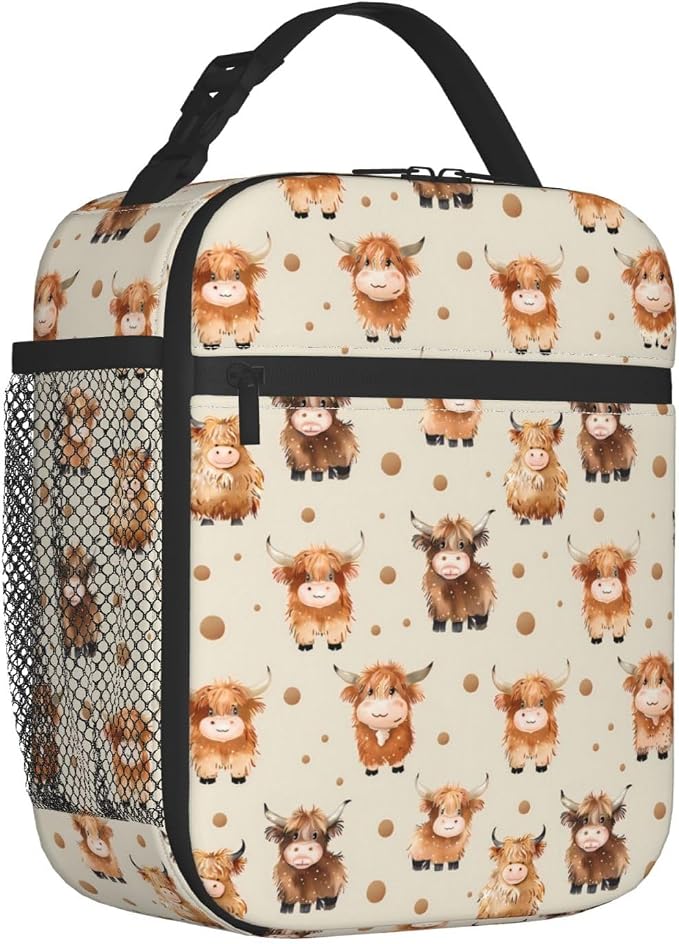 Reusable Highland Cow Lunch Box for Kids Girls Boys Women Adult, Insulated Cute Polka Dot Lunch Bag,Polyester Cooler Handbags Case for School Picnic Work Travel Outdoor Beach or Hiking