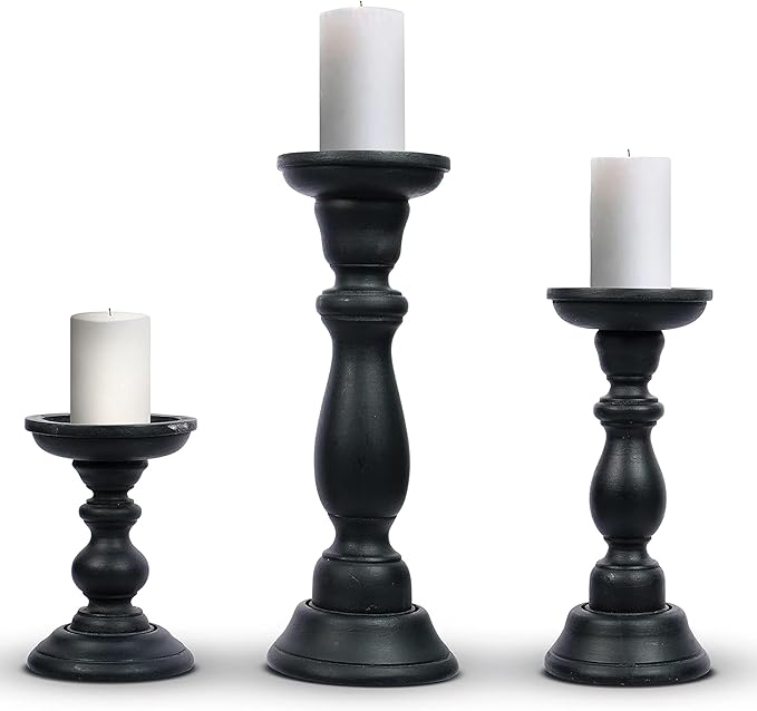 Mela Artisans 6”, 9” & 12” Mango Wood Pillar Candle Holder Set of 3 – Tuli Design Matte Black – Wooden Candle Holders for Table, Mantel & Living Room Décor