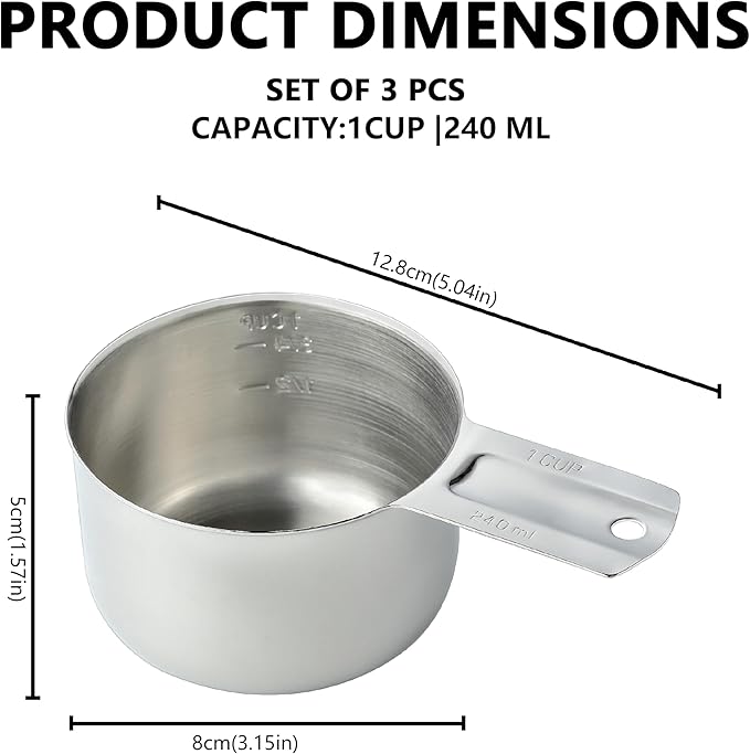 3PCS Measuring Cup, HIA 1 Cup Stainless Steel Metal Measuring Cups with Ergonomic Handle, Great for Wet and Dry Ingredients