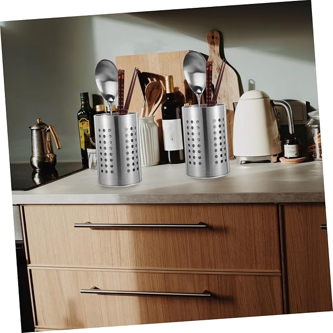 2Pcs Stainless Steel Utensil Draining Storage Container Modern Kitchen Organizer for Forks Knives and Chopsticks Compact Design Easy Drainage for Home