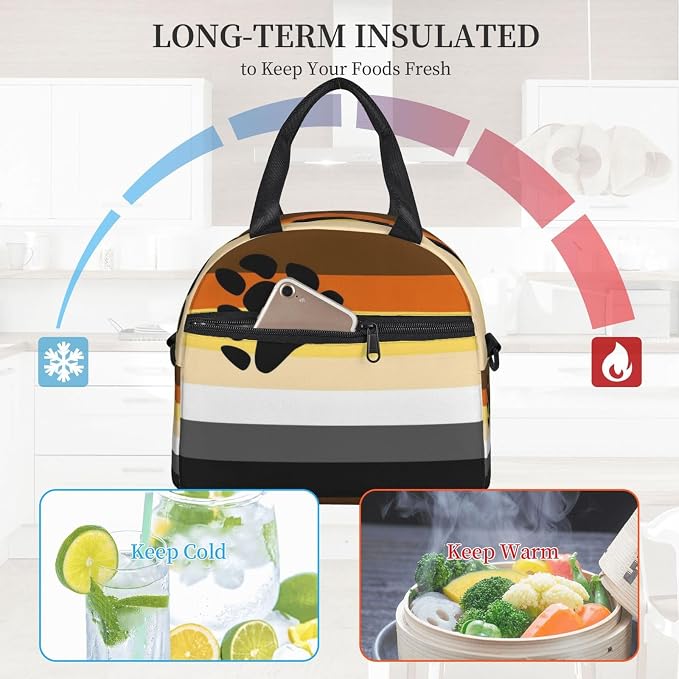 Bear Brotherhood Pride Flag Lunch Box Insulated Lunch Bag Portable Zipper Cooler Tote Bag Adult Bento Box for Women Men Reusable Meal Organizer with Adjustable Strap for Work Picnic Travel