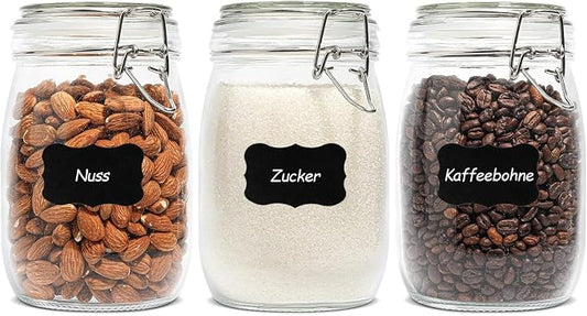 ComSaf 3-Pack 34oz Round Glass Apothecary Jars, Farmhouse Decor for Kitchen Counter Display, Airtight Cookie & Candy Jar for Coffee & Food Storage