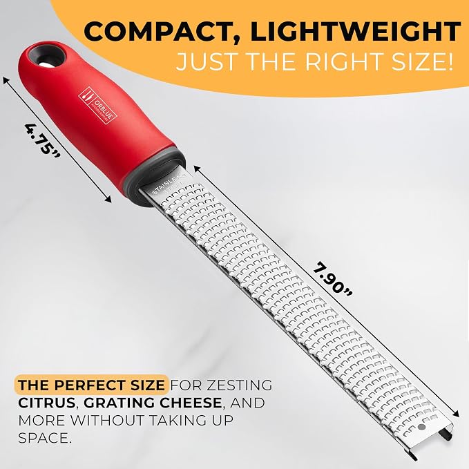 Orblue Lemon Zester & Cheese Grater - Premium Citrus Zester, Kitchen Grater for Parmesan, Chocolate, Fruits, Vegetables, Ginger, Garlic, Nutmeg - Stainless Steel Blades with Protective Cover, Red