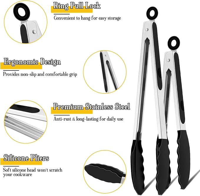 TeamFar Kitchen Tongs, 9" and 12" Stainless Steel Cooking Tongs with Silicone Tips for Cooking Grilling Serving & BBQ, Heat Resistant Silicone Tongs, Locking Design & Dishwasher Safe, Set of 2 & Black