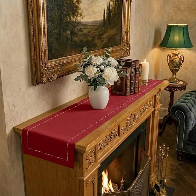 Signature Linen™ by D'Moksha Red Table Runner 60 Inches, 100% Pure Linen, Hemstitch, Coffee Table Runner, 14 x 60 Inch for Dresser Tables- Summer, Father's & Independence Day