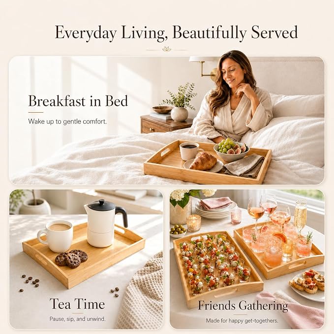 Bamboo Serving Tray Set of 2 with Handles, Rectangular Trays for Food | Solid bamboo trays with curved handles, raised edges; serve food, drinks, coffee, breakfast; nest for organizing & display.