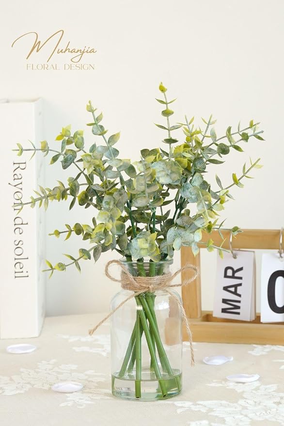 Muhanjia Artificial Eucalyptus Stems in Glass Vase with Faux Water,7Pcs Fake Plant for Centerpiece Bathroom Farmhouse Room Home Decor (Sage Green Eucalyptus)
