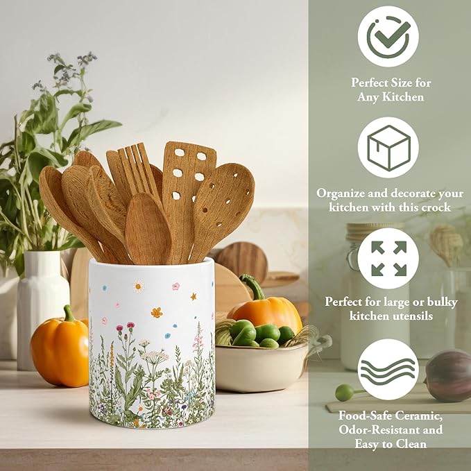 Whaline Wildflower Ceramic Utensil Holder Vintage Wild Floral Utensil Crock for Home Kitchen Countertop Storage Organizer Container