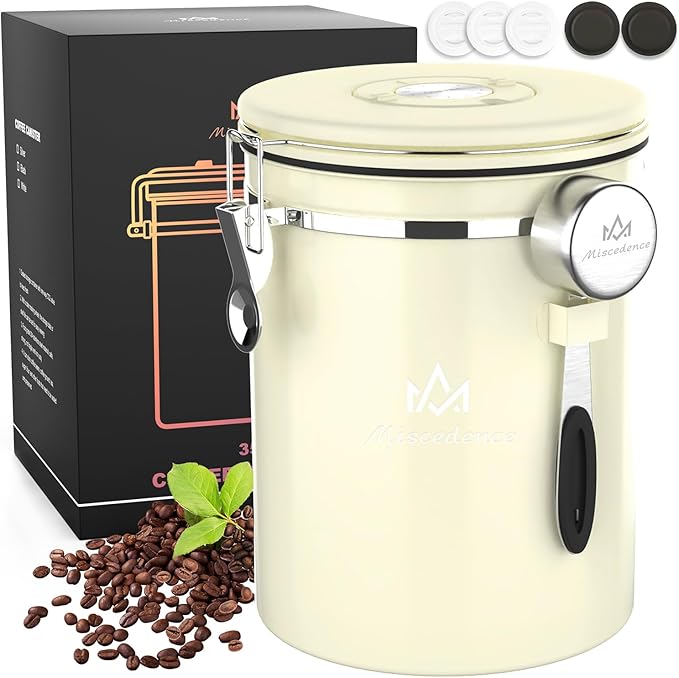 38OZ Coffee Canister for ground coffee with Date Tracker,beige 304 Stainless Steel Kitchen Food Airtight storage container for Coffee Beans or Grounds, Tea, Sugar