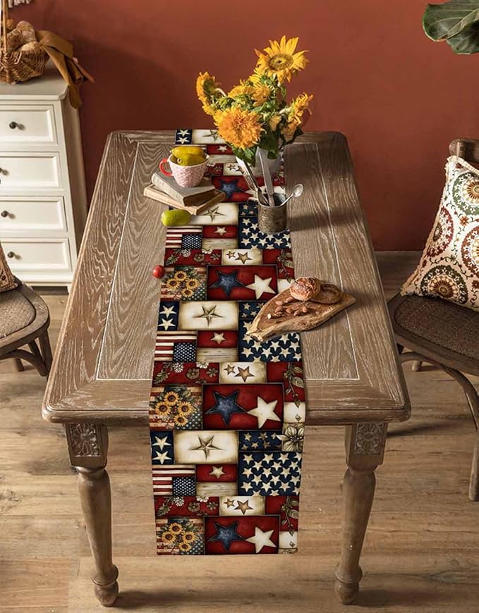 Red Blue American Flag Table Runner 60 Inch Long Dresser Scarves 4th of July Cotton Linen Tablerunners Patriotic Farmhouse Star Dining Kitchen Burlap Table Setting Decor for Party Holiday, 13"x60"