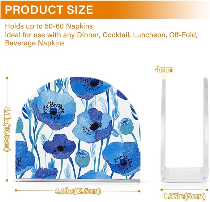 Blue Poppy Flowers with Light Blue Leaves Napkin Holder for Table Acrylic Vertical Napkin Holders for Paper Napkins Decor Napkin Dispenser for Home Party Dining Cocktail Kitchen Accessories, 2 Pack