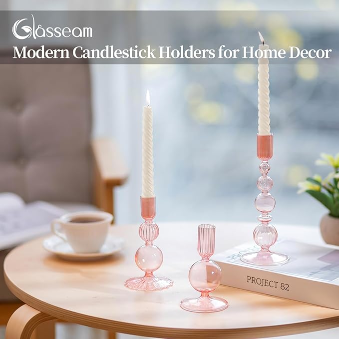 Glasseam Pink Glass Candlestick Holder: Unique Candle Holders Set of 3 Modern Taper Candle Holder Decorative for Table Centerpiece Party Christmas Home Wedding Decoration