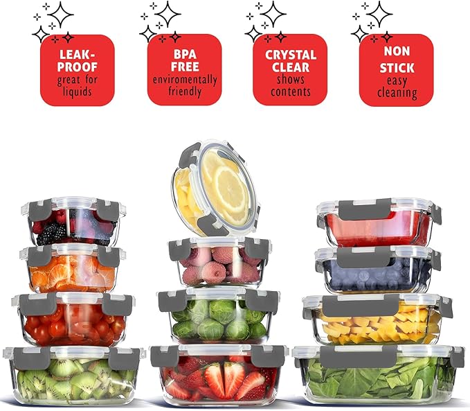 EATEX 24pc Glass Storage Containers with Lids, 12 Glass Food Storage Containers with 12 Airtight Lids for Pantry & Kitchen, Meal Prep Containers for Lunch, Oven Freezer Microwave & Dishwasher Safe