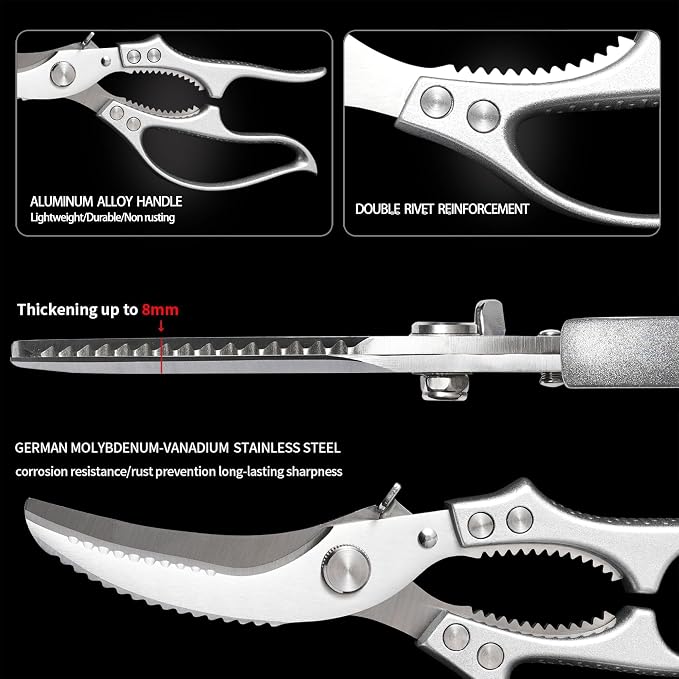 Heavy Duty Kitchen Scissors - All Purpose Poultry Shears with Anti-Slip Handle & Safety Lock, Stainless Steel Food Scissors for Chicken, Meat, Bones, Vegetables.Dishwasher Safe & Spring Loaded