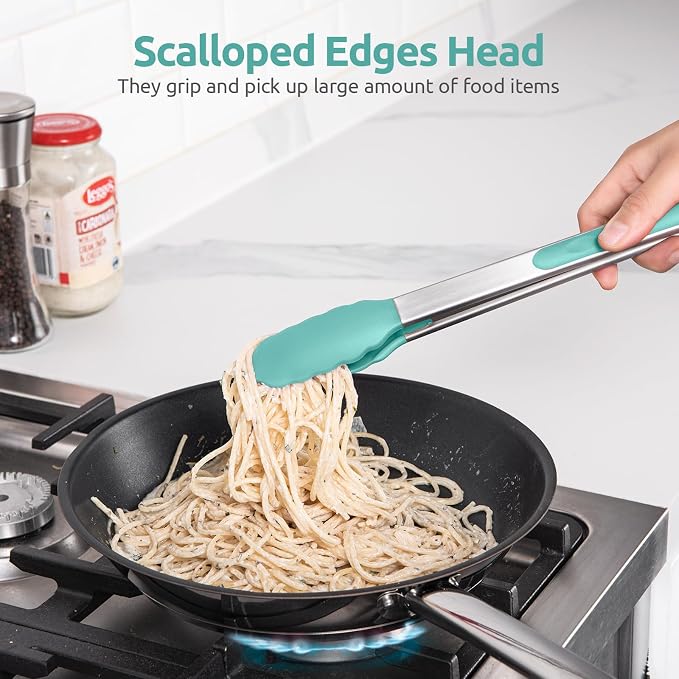 600ºF Heat Resistant Kitchen Tongs: U-Taste 9+12 inch Silicone Cooking Tong Set with Firm Sealed Non Stick Rubber Tips and Silicon Coated 18/8 Stainless Steel Handle for Serving Grilling (Aqua Sky)