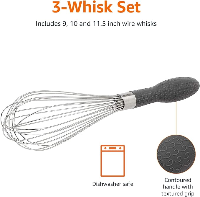 Amazon Basics Stainless Steel Wire Whisk Set for Cooking, Different Sizes, Easy to Hold Ergonomic Handle, 3 Piece, Black/Silver
