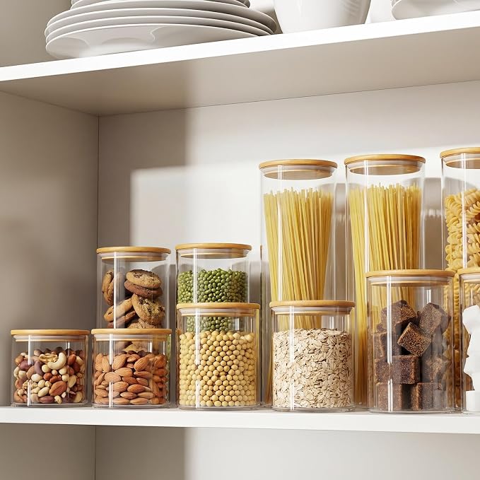OneDream Glass Container - 5 Pack MultiSize Glass Jars with Bamboo Lid, Bamboo Lid Storage Jar Canister for Coffee Beans, Cereal, Pasta, Flour, Tea, Nuts, Candy, Salts and More