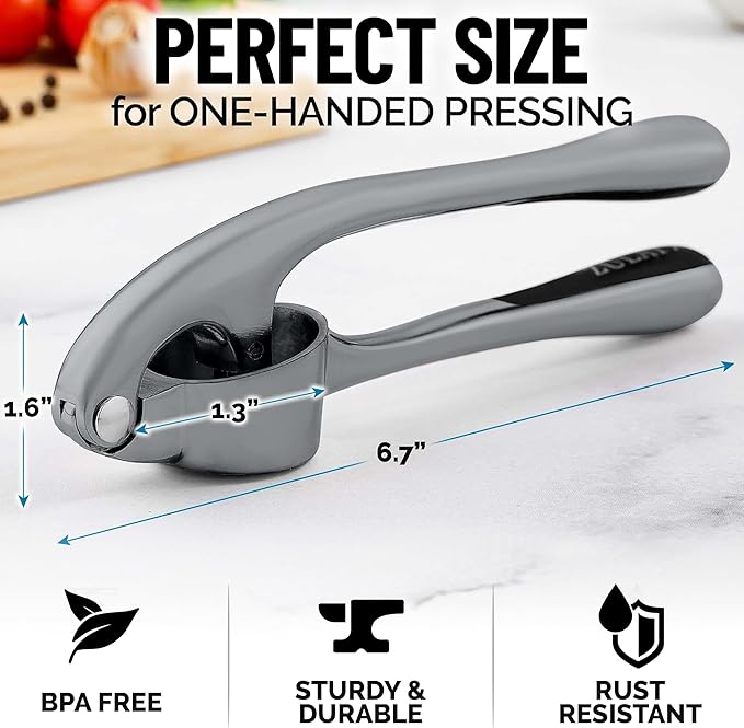 Zulay Kitchen Premium Garlic Press Set - Rust Proof Professional Garlic Mincer Tool - Easy-Squeeze, Easy-Clean with Soft, Ergonomic Handle - Silicone Garlic Peeler & Brush (Slate)