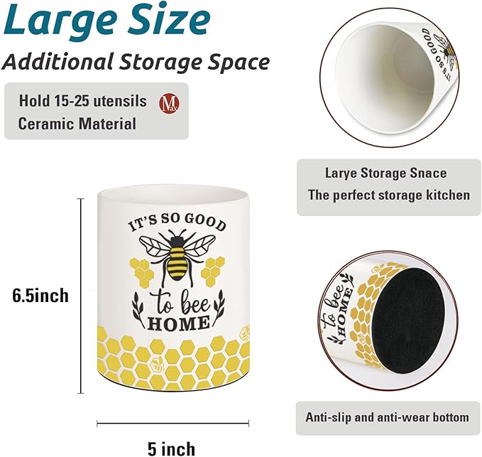 Bee Kitchen Decor, 6.5inch Ceramic Utensil Holder with Bee Design, Rustic-Style Indoor Kitchen Utensil Storage Rack, Ideal for Spoon Storage and Cooking Tools, Gift for Kitchen Organizers
