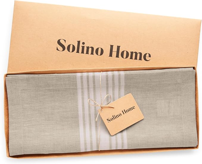 Solino Home Stripe Linen Table Runner 72 Inches Long - 100% Pure Linen White and Natural Farmhouse Table Runner 14 x 72 Inch for Dining, Dresser, Summer