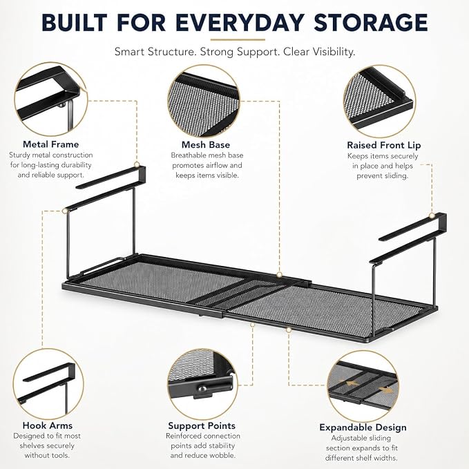 Under Shelf Basket Storage, Expandable Black Metal Cabinet Organizer | Expands 15.2–27.8in Metal Mesh Basket No Drill Installation Under Cabinet Organizer for Kitchen Pantry, Cabinet, Laundry Room