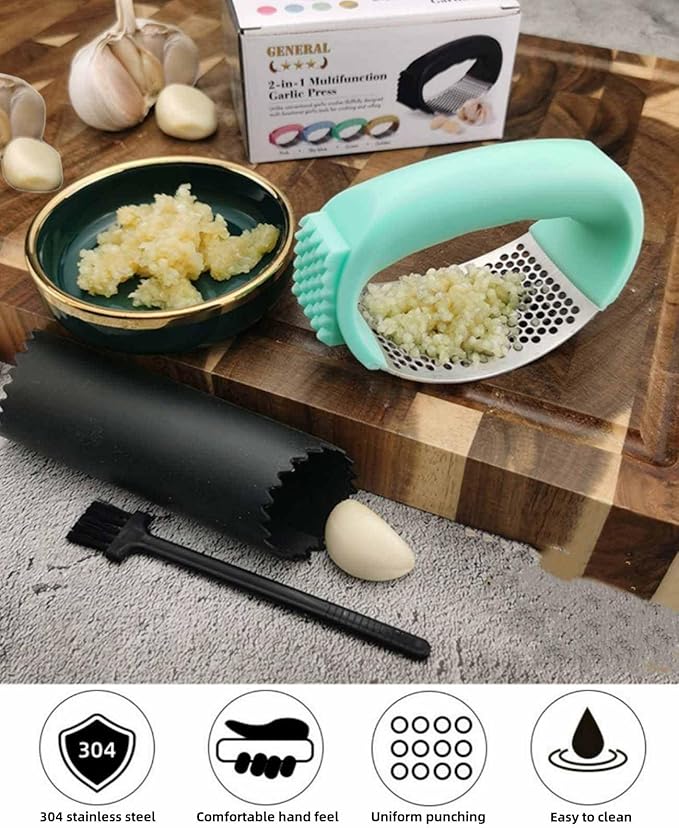 3-in-1 Stainless Steel Garlic Press with Peeler & Brush - Professional Heavy Duty Garlic Mincer, Dishwasher Safe Kitchen Gadgets for Cooking, Easy Clean Design (Black)