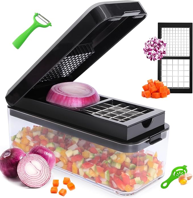 Vegetable Chopper, 4 in 1 Veggie Chopper, Multi-functional Salad Chopper, Mandoline Slicer, Onion Chopper, Food Chopper with Container and Lid (Black)