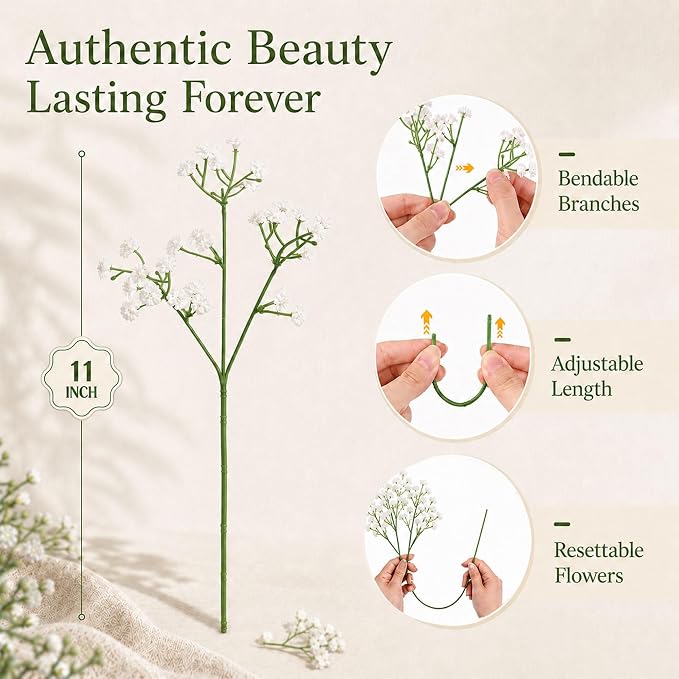 150 Pcs Artificial Baby's Breath Flowers Bulk, Real Touch White Gypsophila Fake Flowers with Bendable Stems for Wedding Bouquets, Centerpieces, DIY Crafts, Home Garden Decor