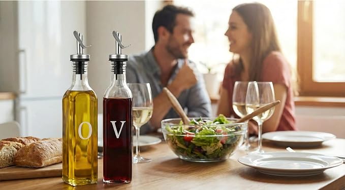 GREENOLIVE Olive Oil and Vinegar Dispenser Set - 17 oz. Glass Bottles with No-Drip BPA-Free Spouts - Stylish O and V Identifiers for Kitchen and Dining Use - Set of 2