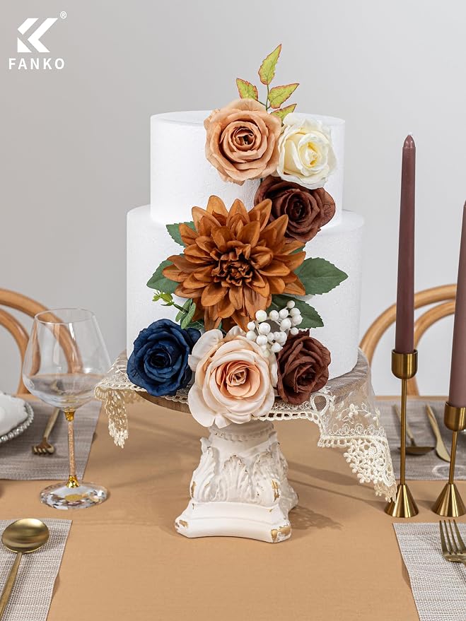 FANKO Artificial Flowers for DIY, Navy Blue Brown Peach Faux Flowers Bouquet, Colorful Fake Rose Peony Poppy Silk Flowers for Vase, Home Decor, Garland, Summer Wedding, Birthday, Party