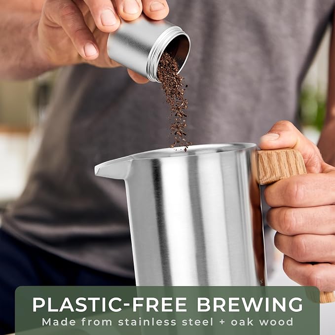 WALDWERK French Press (34 oz) - Non-Toxic Stainless Steel Double Wall French Press Coffee Maker - Plastic Free Coffee Press with Oak Wood Handle - No Plastic