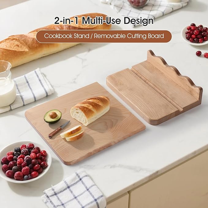 Scalloped Wooden Cookbook Stand with Removable Cutting Board – Adjustable Recipe Book Holder, Charcuterie Board & Kitchen Serving Tray – Kitchen Counte Decor/Maple Wood