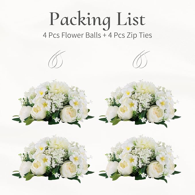 Flower Balls Centerpieces for Tables: 4 PCS White Flowers for Centerpieces Floral Arrangements Centerpiece for Wedding Party Celebration Home