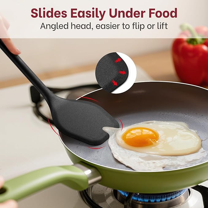 Pack of 2 Silicone Spatula Set, Durable One-Piece Design Heat Resistant BPA-Free Silicone Kitchen Spatulas for Non-Stick Pans, Solid & Slotted Spatula Turner Ideal for Flipping, Frying, Black