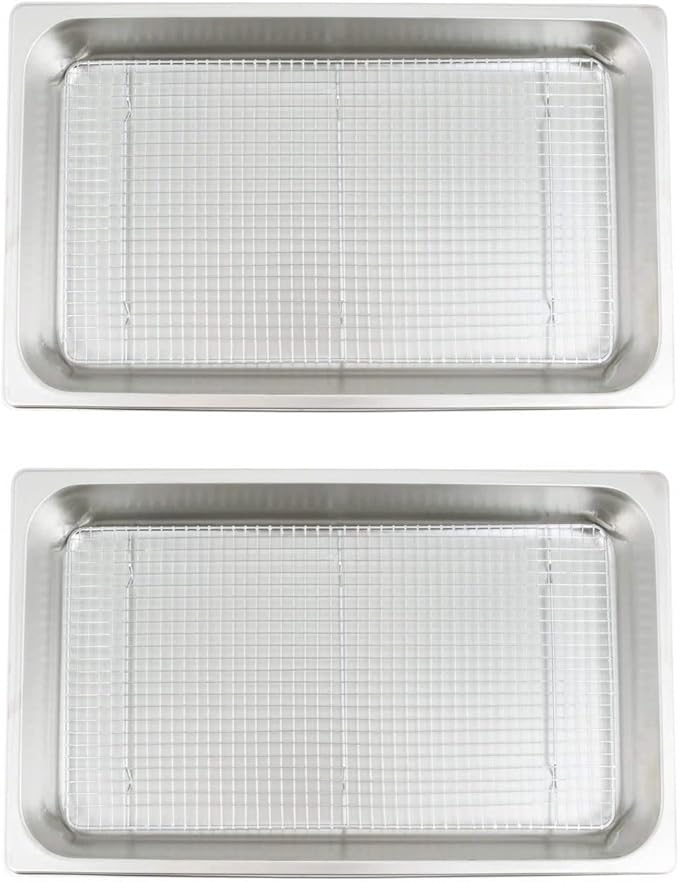 2 PACK Commercial Grade Full Size Pan and Cooling Rack/Pan Grate Set for Standing Heat Lamps 2 1/2" Deep Anti-Jam Stainless Steel Steam Table Pan with Footed Grate