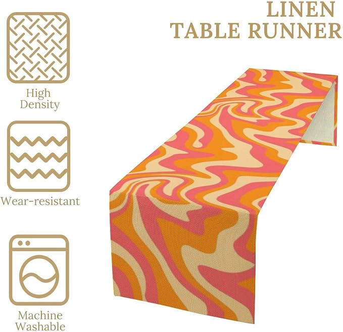 Retro 70s Groovy Table Runner,Vintage Abstract Modern Art Orange Boho Spiral Swirl Waves Farmhouse Country Dinner Runner for Home Kitchen Dining Table Party Holiday Decor 13"x36"