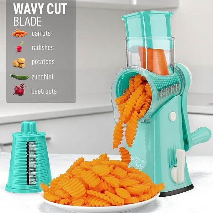 Zulay Kitchen Rotary Cheese Grater 5 Blade Cheese Shredder - Manual Hand Crank Cheese Grater With Reinforced Suction & 5 Interchangeable Drums - Easy to Use, Vegetable Chopper Round Mandoline Slicer