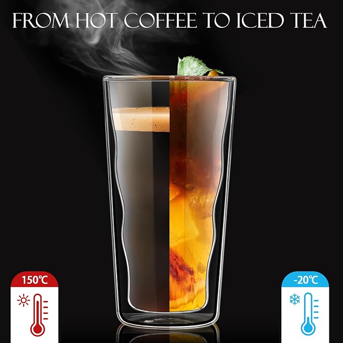 Joeyan Double Wall Glass, 15.2oz Wave Insulated Glass Tumblers Clear Coffee Cups for Hot Cold Drinks, Tall Drinking Highball Glasses for for Iced Coffee, Latte, Matcha, Tea, Smoothie, Set of 2