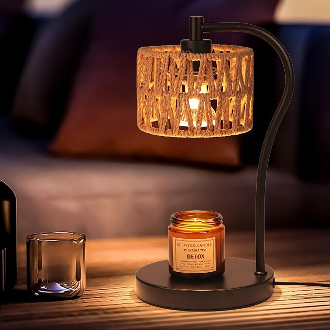 Ruiever Candle Warmer Lamp, Rattan Candle Heater with 2 Light Bulbs, Dimmable and Timer Melt Warmer for Scented Jar Candles Aromatic Holders for Home Room,Bedroom Living Room