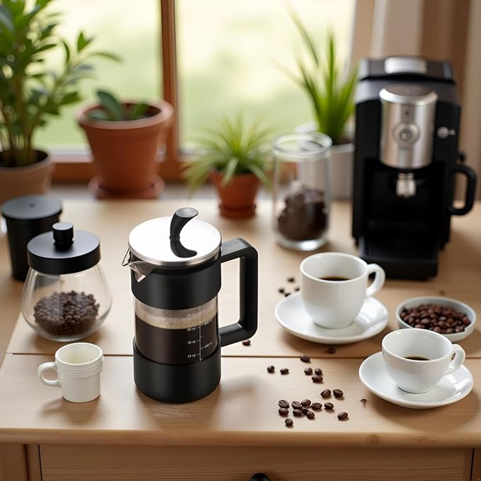 Glass French Press 34oz, Plastic-Free Carafe with Insulated Shell | Easy-Read Measurements, No-Drip Spout, Ergonomic Handle, Brews Hot Coffee, Tea & Cold Brew