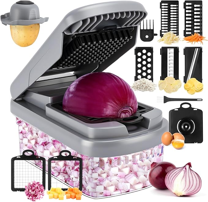 Vegetable Chopper,12-in-1 Multifunctional Food Chopper,Professional Onion Chopper with 7 Blades,Vegetable Cutter with Container for Salad,Potato,Carrot,and Garlic Essential Kitchen Tool (Silver black)