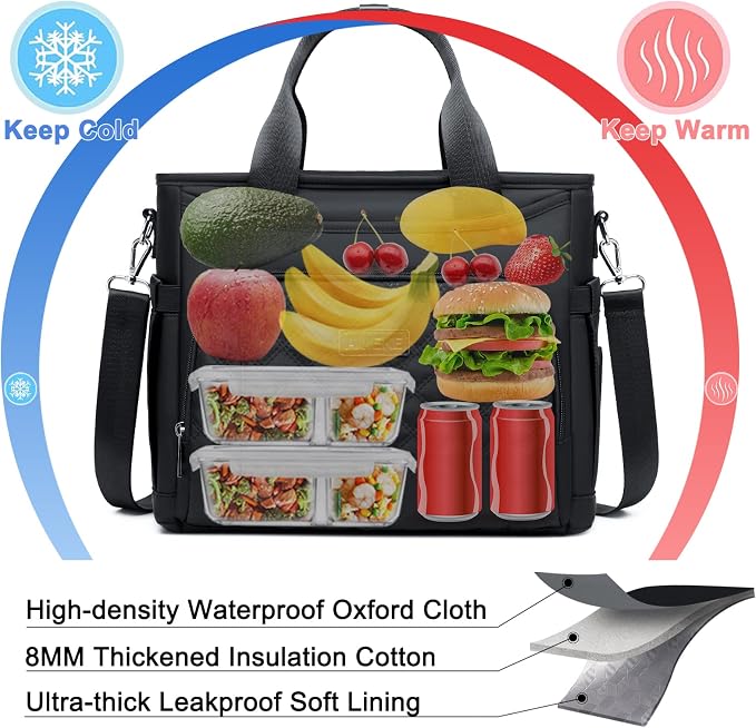 AIJIEKE Large Insulated Lunch Bag for Women Men, Work Lunch Box Tote, Black | Leakproof, durable multi-compartment cooler. Reusable with shoulder strap. Perfect for travel meal prep, picnic, beach