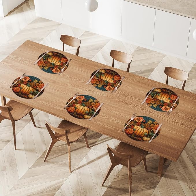 Round Placemats Set of 6, Autumn Pumpkin Sunflowers Leaves Woven Placemats Mats Non-Slip Heat Resistant Washable Table Mats Round Braided Place for Farmhouse Kitchen Dining Party Decor 15in