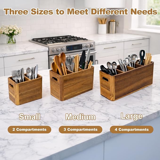 Utensil Holder, Kitchen Utensil Holder, Acacia Wooden Utensil Holder, Kitchen Utensil Holder for Countertop, Medium Utensil Holder for Storage Cooking Tools and Silverware with 2 Compartments